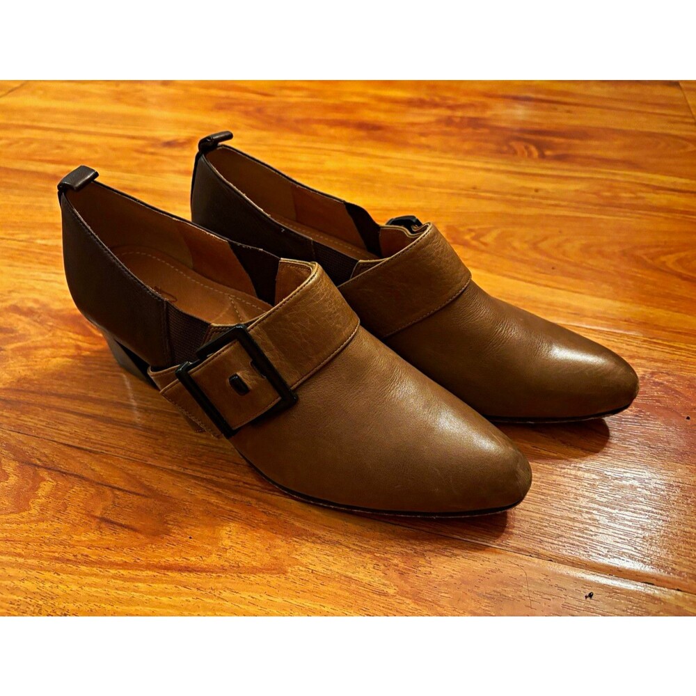 ing Women's Brown Leather Almond Toe Pumps w/ Buckle Strap, Block Heel US 7.5